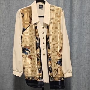 Vintage Women's Exquisite Button Down Off White Shirt with Gold, and Blue Design
